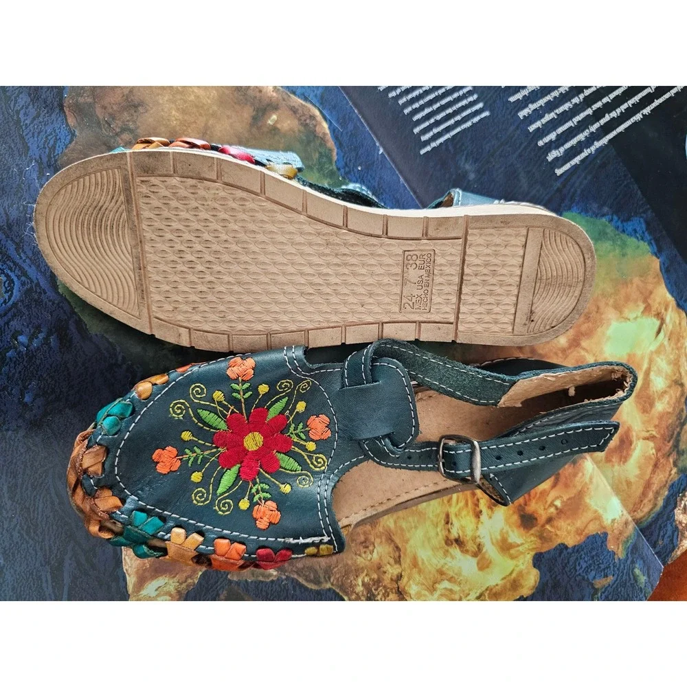 Mexican Huarache Sandals Teal Leather Floral Embroidered Woven Flats Womens 7 38